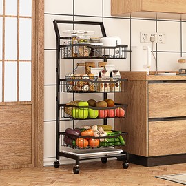 Fruit Basket 4-Tier Adjustable Fruit Vegetable Basket Cart,Metal Wire Storage Baskets with Wheels Rolling Pantry Utility Kitchen Cart for Kitchen, Pantry, Bathroom,Vegetable Organizer Produce Basket