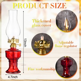 2 Pcs Chamber Oil Lamps for Indoor Use Vintage Kerosene Lamp Rustic Hurricane Kerosene Lantern with Adjustable Fire Wick Lighting Oil Lantern for Home Emergency Lighting, 13'' High(Red)