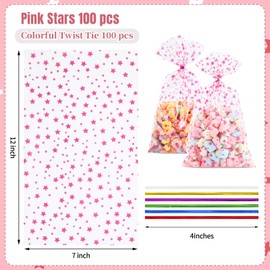 LEOSINDA 100Pcs Cellophane Treat Bags,7 X 12 Inches Pink Star Clear Cellophane Bags,100 Twist Ties,for Gift Wrapping,Packaging Candies,Dessert,Bakery, Cookies, Chocolate,Party Party Decorations