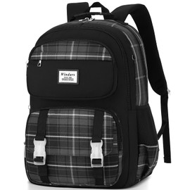 WINDARS School Backpack for Girls, Cute Kawaii Plaid Book Bag College School Bag for Elementary Middle High School Students Fit 15.6 Inch Laptop, Black