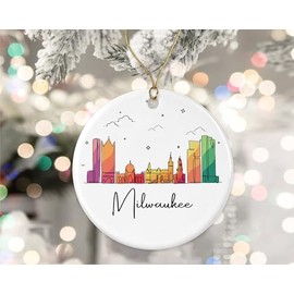 HKDesignGift Milwaukee City Ornament, Milwaukee City Christmas Ornament, Landmarks Xmas Ornament, Colorful City Skyline Graphic, New City Gifts for Christmas Printed on Both Sides