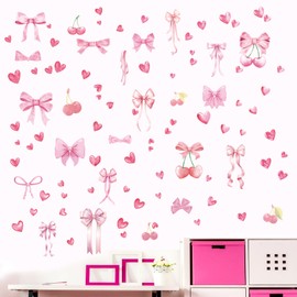 12 Sheet Pink Bow Wall Stickers, 11.81x7.87in Trendy Bow Wall Decals Coquette Bow Wall Decor Watercolor Room Mural Stickers for Kindergarten Nursery Bedroom (C Style)