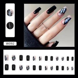 Black Press on Nails Short Square Fake Nails with Butterfly Design Spring False Nails Glossy Black Gel Acrylic Nails Tips Full Cover Glue on Nails Stick on Nails for Women Girls 24Pcs