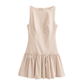 IQSQSQ Womens Sleeveless Pleated Dress Girdling A Line Solid Color Pullover Round Neck Bow Zipper Back Mini Dress(White-S)