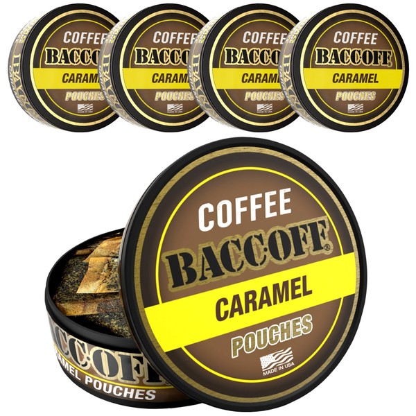 5 Cans, BaccOff Caramel Coffee Pouches, 50 MG of Caffeine