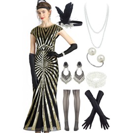 Women's V Neck Short Sleeve Sequin Bridesmaid Gown Evening Party Mermaid Formal Dress with 20s Accessories Costume (Sequin Mermaid Black Gold, X-Large)