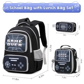 ACESAK Gamer Backpack for Boys - Cool Luminous School Bag with Lunch Bag Pencil Case - Kids Backpack Elementary Middle School Book Bags for Teen Boys with USB Charging Port (Black Grey)