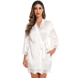 RSLOVE Satin Kimono Robe Silk Wedding Bridesmaid Party Sleepwear Dressing Gown, White