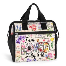 84hoods Large Lunch Bag for Women. Christian Faith Religious Gift. Insulated Lunch Box for Work Office Travel Picnic with Adjustable Strap. I am Loved.