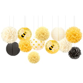 NICROLANDEE Bee Party Decorations, 12PCS Yellow Hanging Paper Lanterns Tissue Pom Poms Decor for Bee Day Party, Bee Themed Birthday Decorations, Yellow Flower Bumble Baby Shower