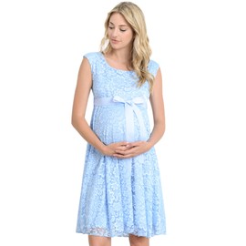 Hello Miz Maternity Floral Lace Baby Shower Party Cocktail Dress with Satin Waist (Medium, Aqua Blue)