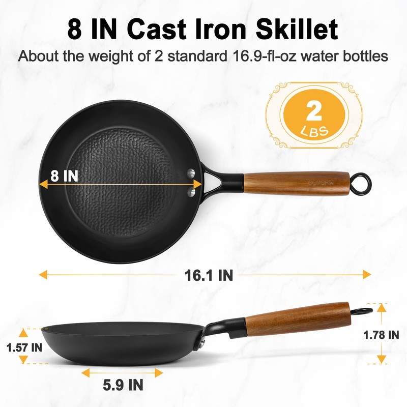 COVORM 8" Lightweight Titanium Enameled Cast Iron Skillet, Hammered Nonstick