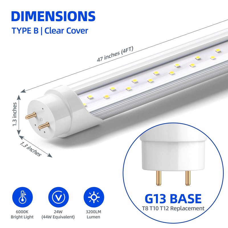 Barrina T8 LED Bulbs 4 Foot, Type B, 24W, 3200LM,