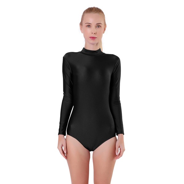 Kepblom Adult Ballet Dance Leotard Turtleneck Long Sleeve Spandex Bodysuit Tops for Women