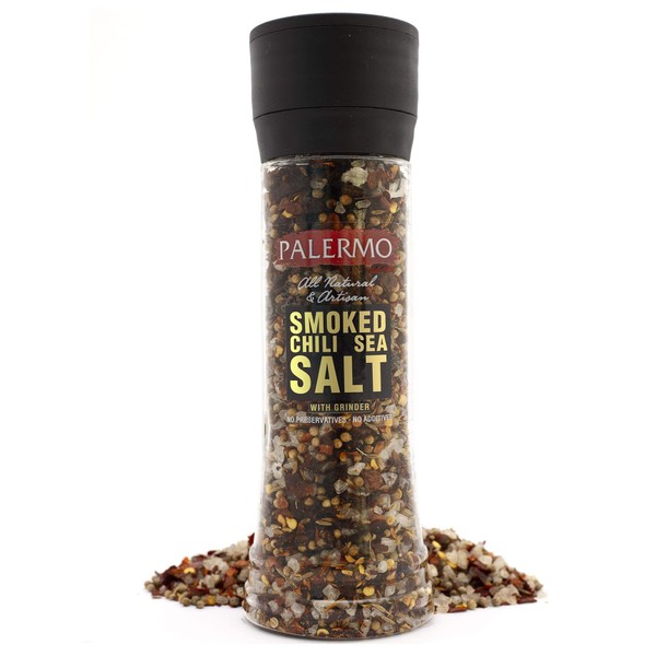 Palermo Smoked Chili Pepper Sea Salt Seasoning with Grinder, Kosher, All Natural, No Additives, 7.2oz