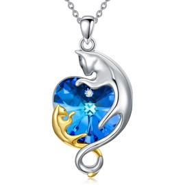 Cat Jewelry for Women 925 Sterling Silver Cute 2 Cats Pendant Necklace with Blue Heart Crystal from Austria, Birthday Christmas Gifts for Cat Lovers - Style A