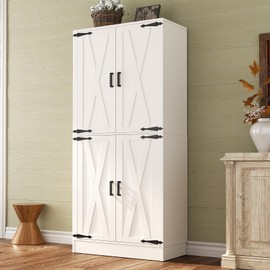 Unikito Kitchen Pantry Storage Cabinet with Farmhouse Barn Doors and Storage Drawer, 4 Adjustable Shelves, Freestanding Tall 71‘’ H Cupboard for Dining Room, Living Room, Utility Room, Laundry, White