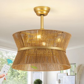 Boho Fandelier Ceiling Fan with Light and Remote Rattan Chandelier Fan Gold Caged Ceiling Fan with Light for Bedroom, Living Room Nursery Foyer Kitchen（6 Speed, Timing Adjustable Height）