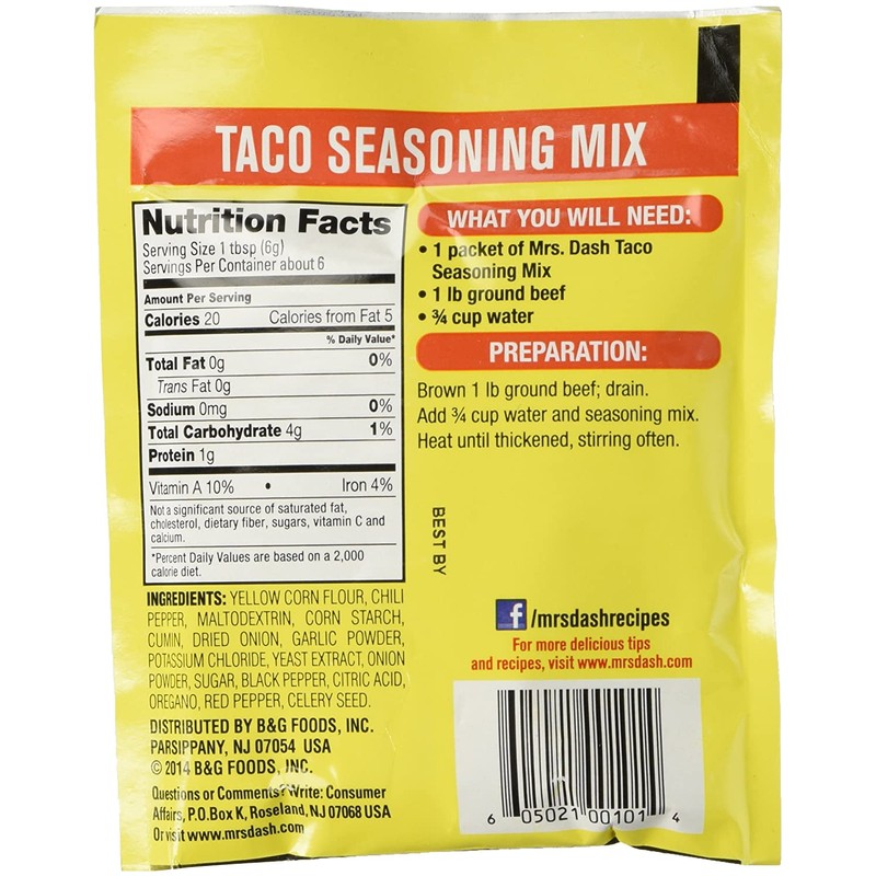 Mrs Dash Salt Free Taco Seasoning Mix (1.25 oz Packets)