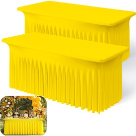 2pk Yellow Spandex Tablecloths 6ft for Rectangle Tables, Wrinkle Free Classy Table Skirt Stretchy Fitted Table Cloths Covers 6 Foot for Weddings Birthday Party Events Banquette Baby Shower