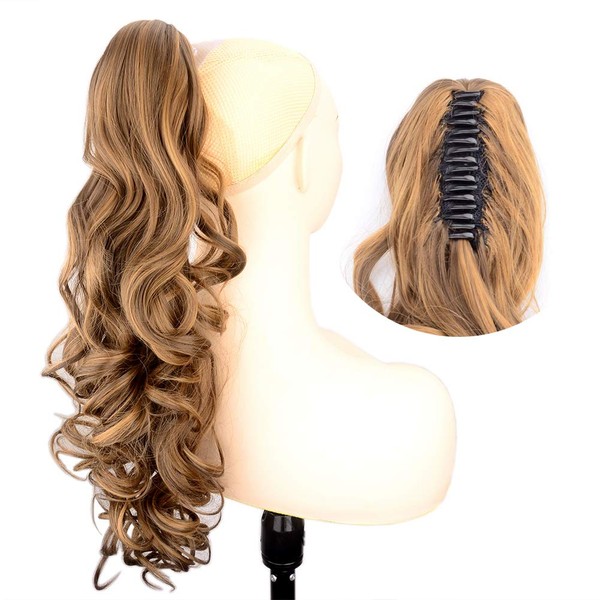 DIGUAN Claw Clip In Wavy Loose curly Synthetic Wrap Around Ponytail Extensions 24 Inches Pony Tail Clip In Extensions for Women Girl 7.4oz/210g (Dark Golden Blonde)