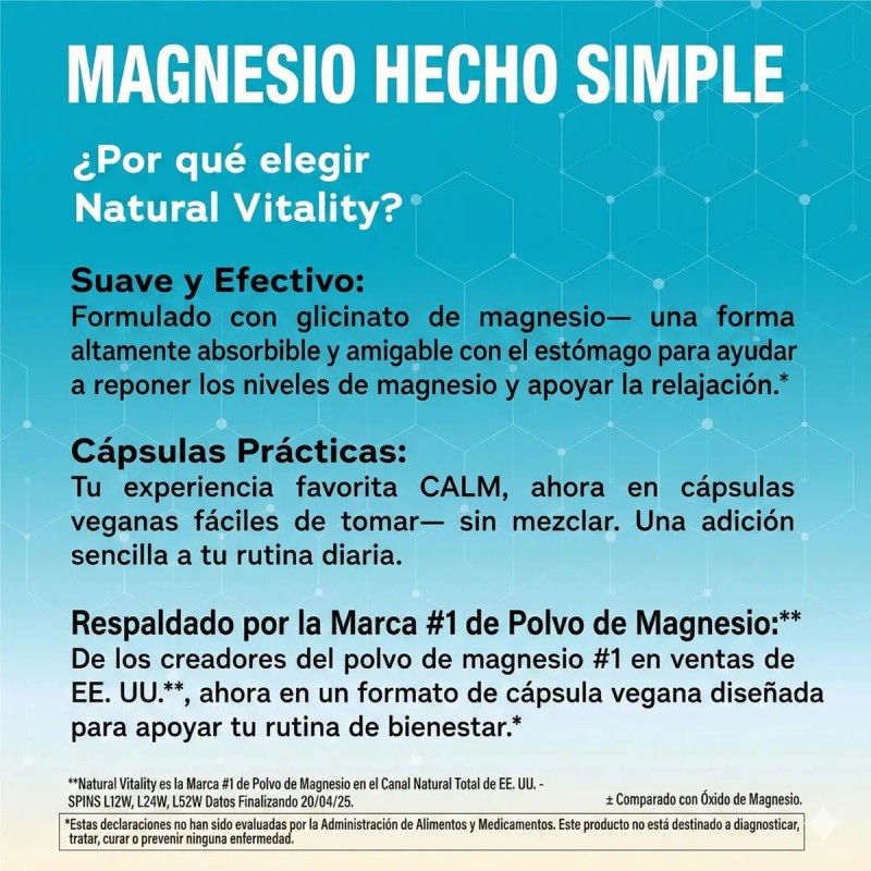 Magnesio Calm Natural Vitality 120 Cápsulas Sabor Vegano