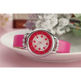 PASNEW Kids Watch,Analogue Classic Quartz Children Watch Waterproof with Floral Dial Diamond Leather,Pink