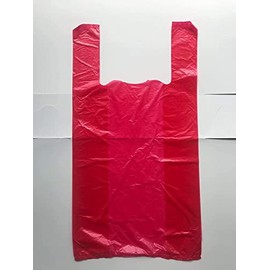 100 Pack Red Vest Style Plastic Carrier Bags - Size Large 12” x 18” + 24” - HEAVY DUTY