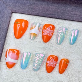 100% Handmade Press on Nails Medium Almond Handmade Nails with Rhinestone Flower Charm Design Orange Fake Nails Ombre Laser Nail Press ons Reusable Spring Summer Acrylic Nails for Women Size L10Pcs