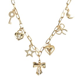 MOTIBACK Gold Necklace for Women,Ocean Style with Bow Heart Key Moon Pendant Necklaces, Cute Accessory Beach Jewelry Gift