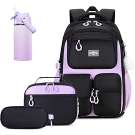 Scothen 4pcs Kids School Backpack for Girls, Kids Bookbag Backpack with 14OZ Water Bottle, Lunch Bag for Girls Kid Teens Elementary Middle School Student, Back To School Gift