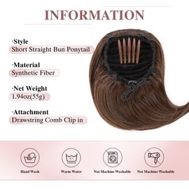 S-noilite Drawstring Hair Bun Ponytail Extensions, Short Ponytail Synthetic Comb Clip in Updo Hairpiece False Hair, 30 cm Straight Hepburn Scrunchies Bun Hairpiece, Black Mix Light Brown