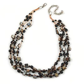 Avalaya Multi Strand Black Ceramic Bead with Dark Grey Sea Shell Nugget Orange Cord Necklace/42cm L/ 8cm Ext