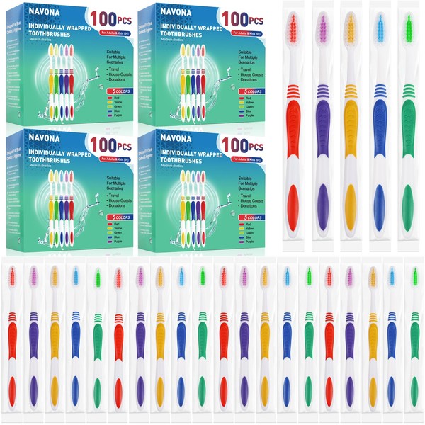 Navona 400 PCS Individually Wrapped Bulk Toothbrushes, Colorful Manual Disposable