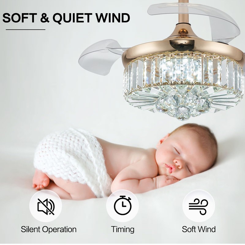 DuMaiWay 30" Golden Chandelier Ceiling Fan with Light Crystal Modern