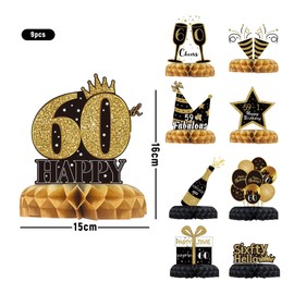 9pcs 60th Birthday Decorations 60th Birthday Decorations for Men Women Black and Gold Honeycomb Centerpieces Birthday Table Decorations for 60th Birthday Party ﻿ ﻿ (60)