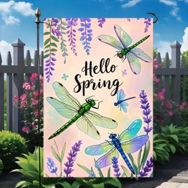 BlissYard Spring Garden Flag Spring Decoration 12x18 Inch Hello Spring Backdrop Design with Dragonflies and Lavender Double-Sided Yard Flag Holiday Yard Falg for Outdoor Garden Decor