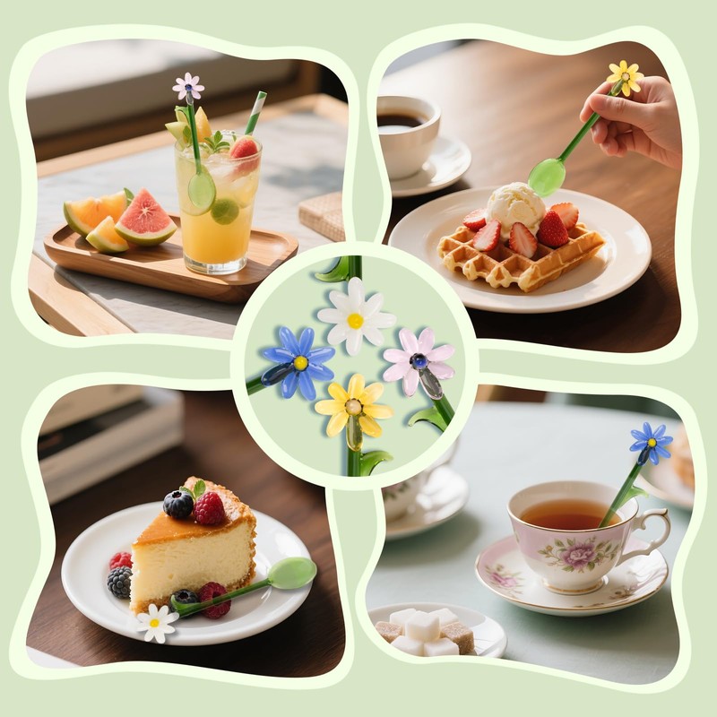 4 Pcs Flower Glass Spoons,5.9 inch Colorful Transparent Long Handled