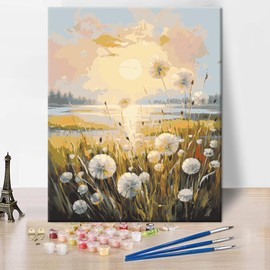 Rebotipy Dandelions DIY Paint by Numbers for Adults Dandelions in A Meadow at Sunset Paint by Numbers Kits Acrylic Pigment 16X20 Inch Flameless Canvas Wall Decor Oil Painting for Friends Family
