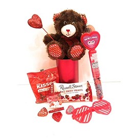 Cute Kiddy Valentine's Day Candy Bouquet Gift Basket DIY~ Decorated Bouquet with Brown Chocolate Scented Bear Assorted Favors and Treats Kids Teens Adults