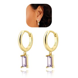 Baguette Drop Huggie Hoop Earrings, Natural Crystal Dangle Drop Earrings, 14K Gold Plated Hypoallergenic Small Hoop Drop Earrings for Women Girls Gifts (Purple)