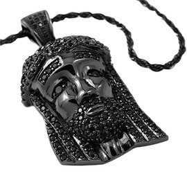 Niv's Bling 18K Black Gold Plated CZ Iced Mini Jesus Piece Pendant with Rope Chain