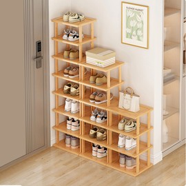 SAN HE Bamboo Shoe Rack 17 Tier- Vertical Shoe Rack for Small Spaces, Tall Narrow Shoe Rack Organizer for Closet Entryway Corner Garage and Bedroom,Skinny Shoe Shelf with Free Stackable DIY