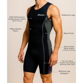 Wixen Men’s Triathlon Suit – Padded One-Piece Sleeveless Trisuit with Rear Zipper for Running, Swimming, Cycling – Gray-L