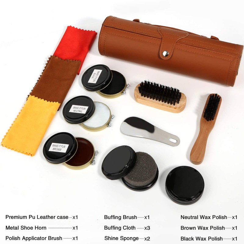 Shoe Shine Kit with PU Leather Sleek Elegant Case, 12-Piece