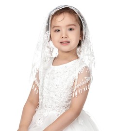 PAMOR Triangle First Communion Veils for Girls Lace Chapel Veil Mantilla Veils Latin Mass Church Veil for Catholic Baptism (White B)