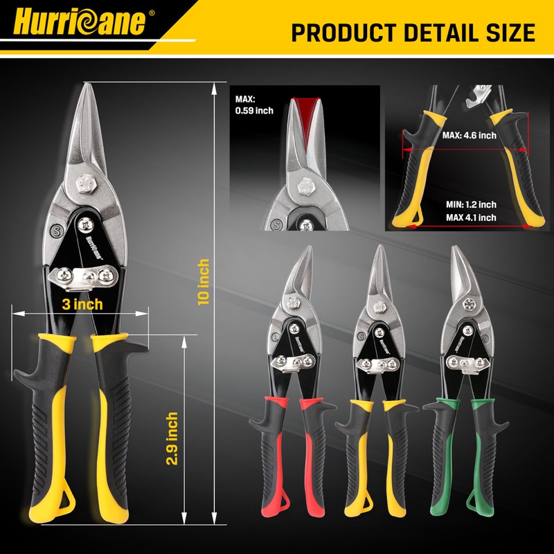 HURRICANE 3 pc Aviation Tin Snips Set, 10 inch Metal