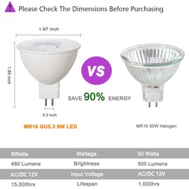 KAKEMONO MR16 Led Bulbs 6W Replace 50W Halogen,12V Low Voltage MR16 GU5.3 Spotlights for Outdoor Landscape Track Lighting,Not Dimmable,Daylight White 5000K,6 Pack