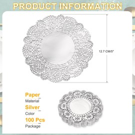 sourcing map 100 Pcs Round Paper Doilies, 5 Inch Disposable Lace Doilies for Food Tableware Parties Weddings Birthday, Silver