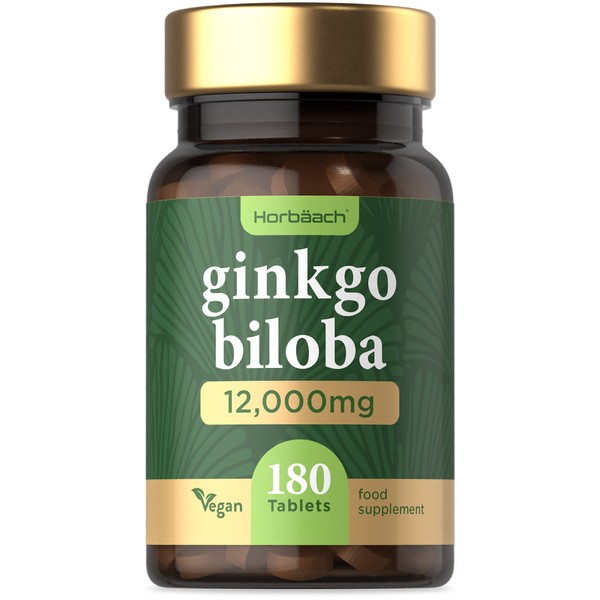 Ginkgo Biloba 12000mg | 180 Vegan Tablets | High Strength Standardised 50:1 Extract | 24% Glycosides & 6% Lactones | Circulation & Mental Performance | No Artificial Preservatives | by Horbaach